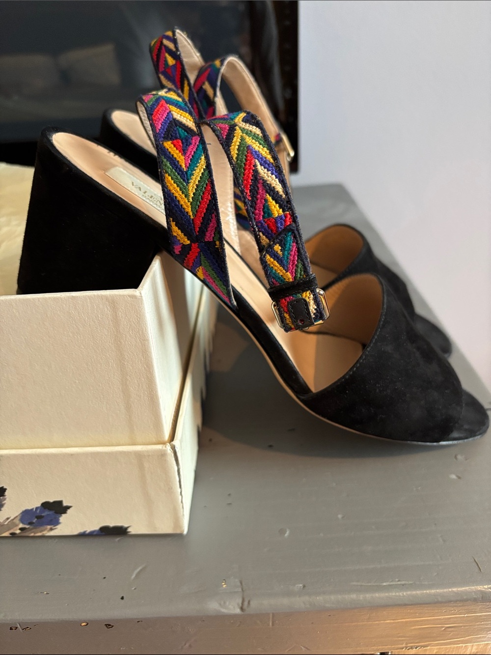 Black Suede Slingback Heels with Colorful Embroidered Strap